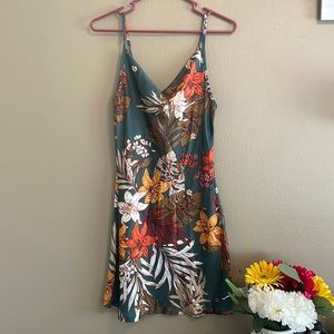 Tropical Print Mini Dress Tank Cowl Neck Small Satin Vacation